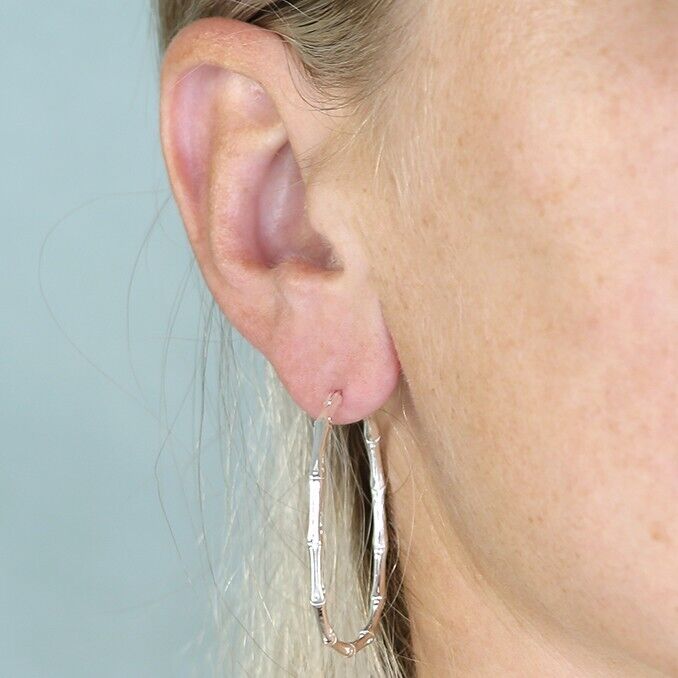 Hoop Earrings Bamboo Style Creole Silver Hoops 40mm 925 Sterling Silver