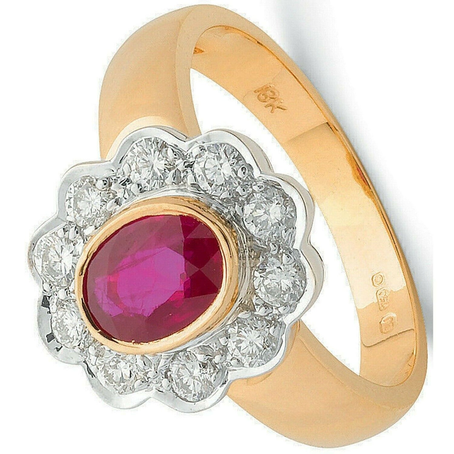 Real Ruby and Diamond Ring 18ct Yellow Gold Oval Cluster 1.00 Carat Weight
