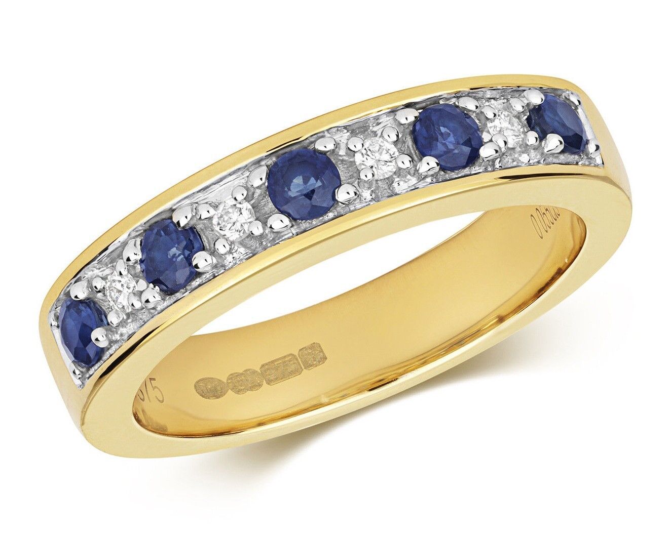 Real Sapphire and Diamond Ring 9ct Yellow Gold Eternity Band Size JKLMNOPQ
