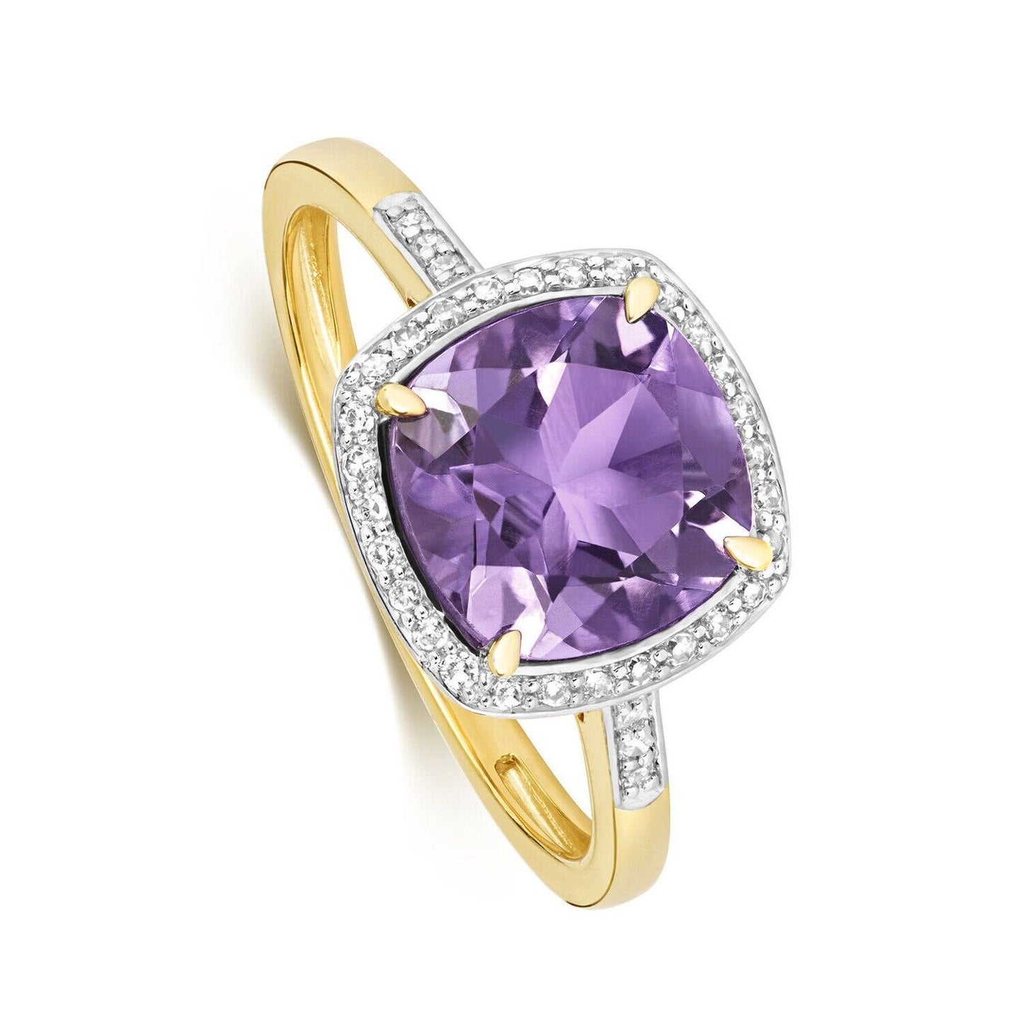 Real Amethyst and Diamond Ring Solid Yellow Gold 8mm Cushion Size J - Q
