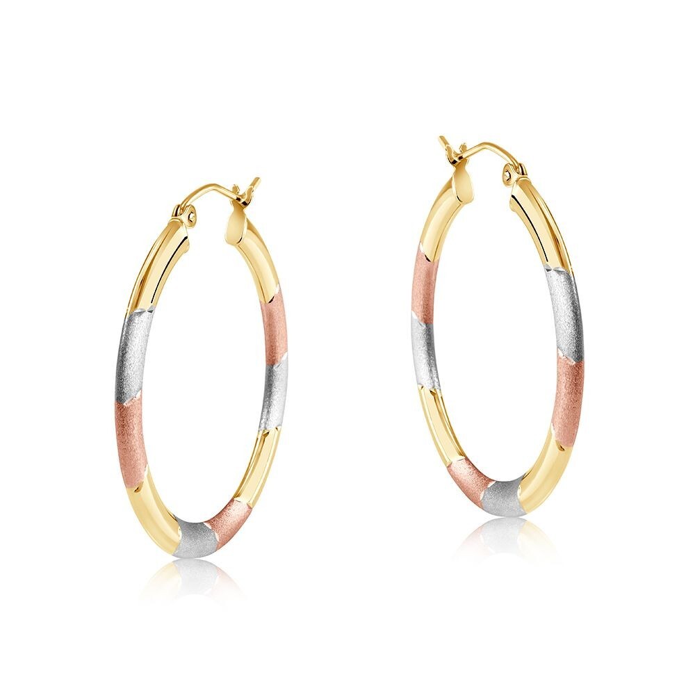 Three Colour Gold Hoop Earrings 30mm Diamond Cut Design Hallmarked Hoops
