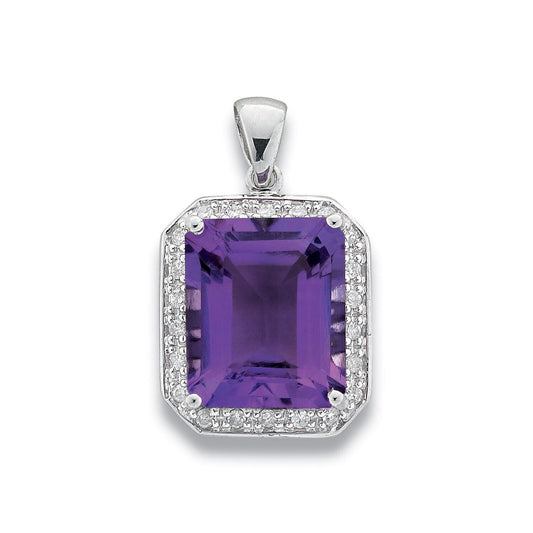 9ct White Gold 0.19ct Diamond & 5.11ct Amethyst Pendant