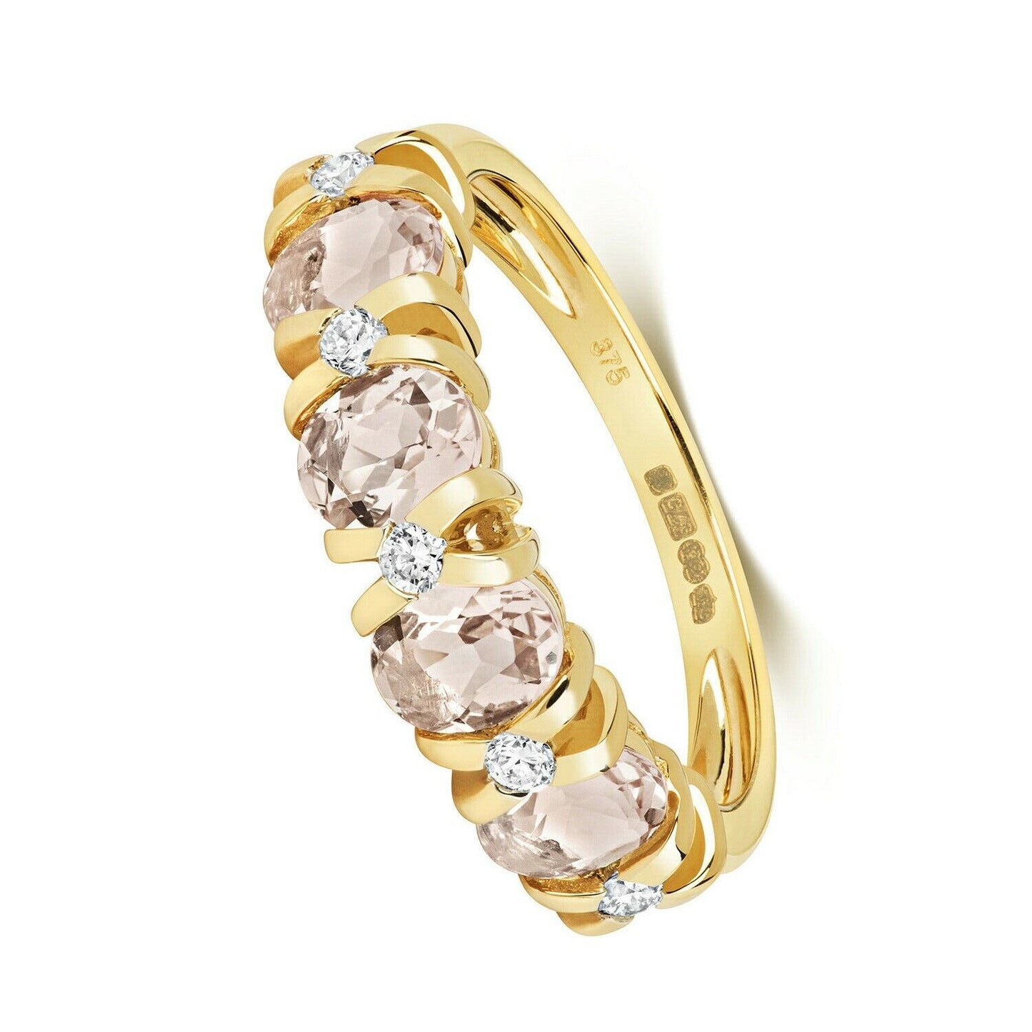 Real Morganite and Diamond Eternity Ring 9ct Yellow Gold Oval Stones Size J - Q