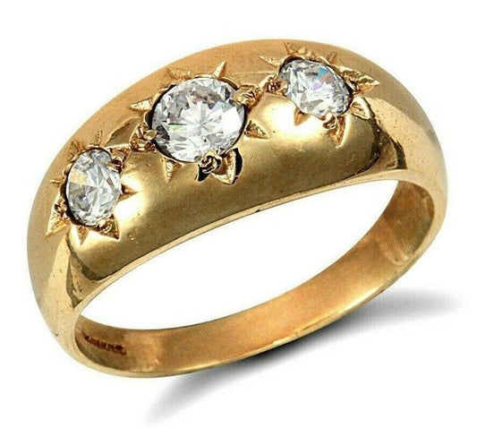 9ct Yellow Gold Gents Three Stone Ring Gypsy Setting Hallmarked