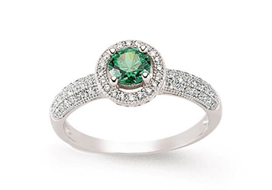 Emerald Round Halo Ring Solid Sterling Silver 925 Hallmark Platinum Finish