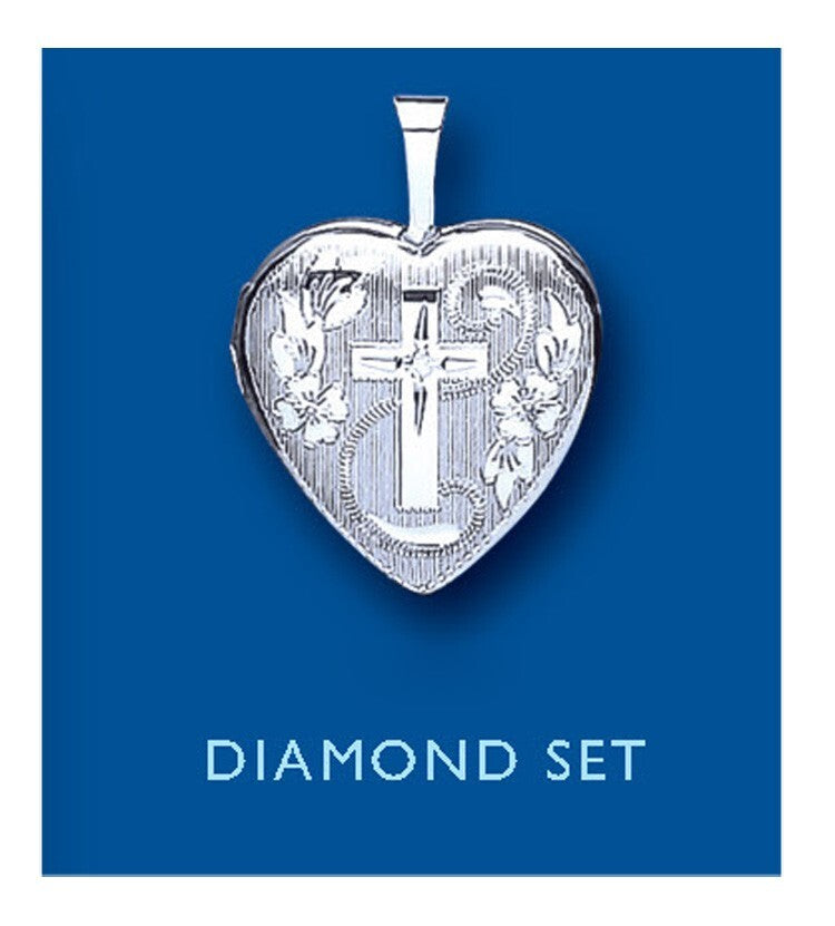 Real Diamond Cross Heart Locket Solid Sterling Silver 925 Hallmark 16mm