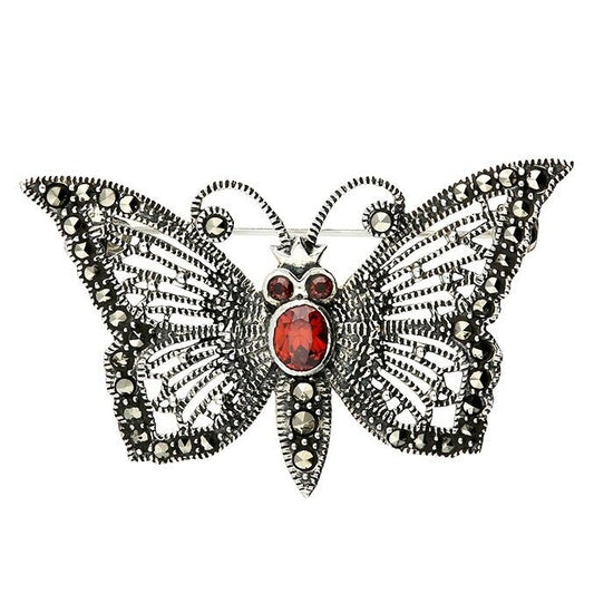Butterfly Brooch Vintage Style Marcasite and Synthetic Garnet 925 Silver