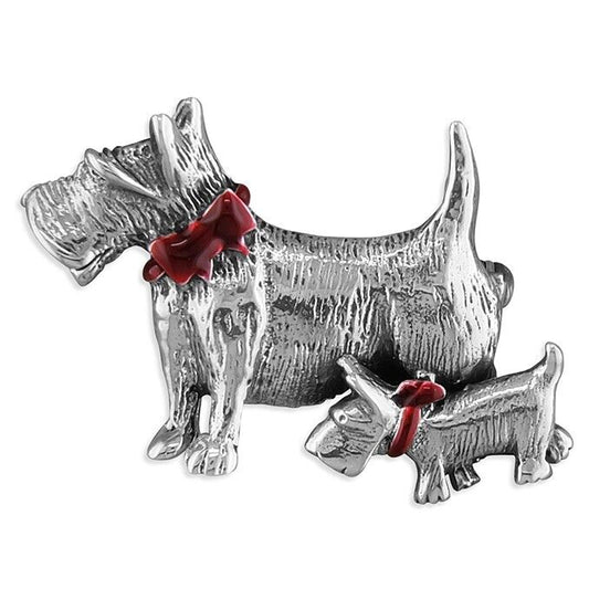 Scottie Dogs with Red Collars Brooch Solid 925 Sterling Silver