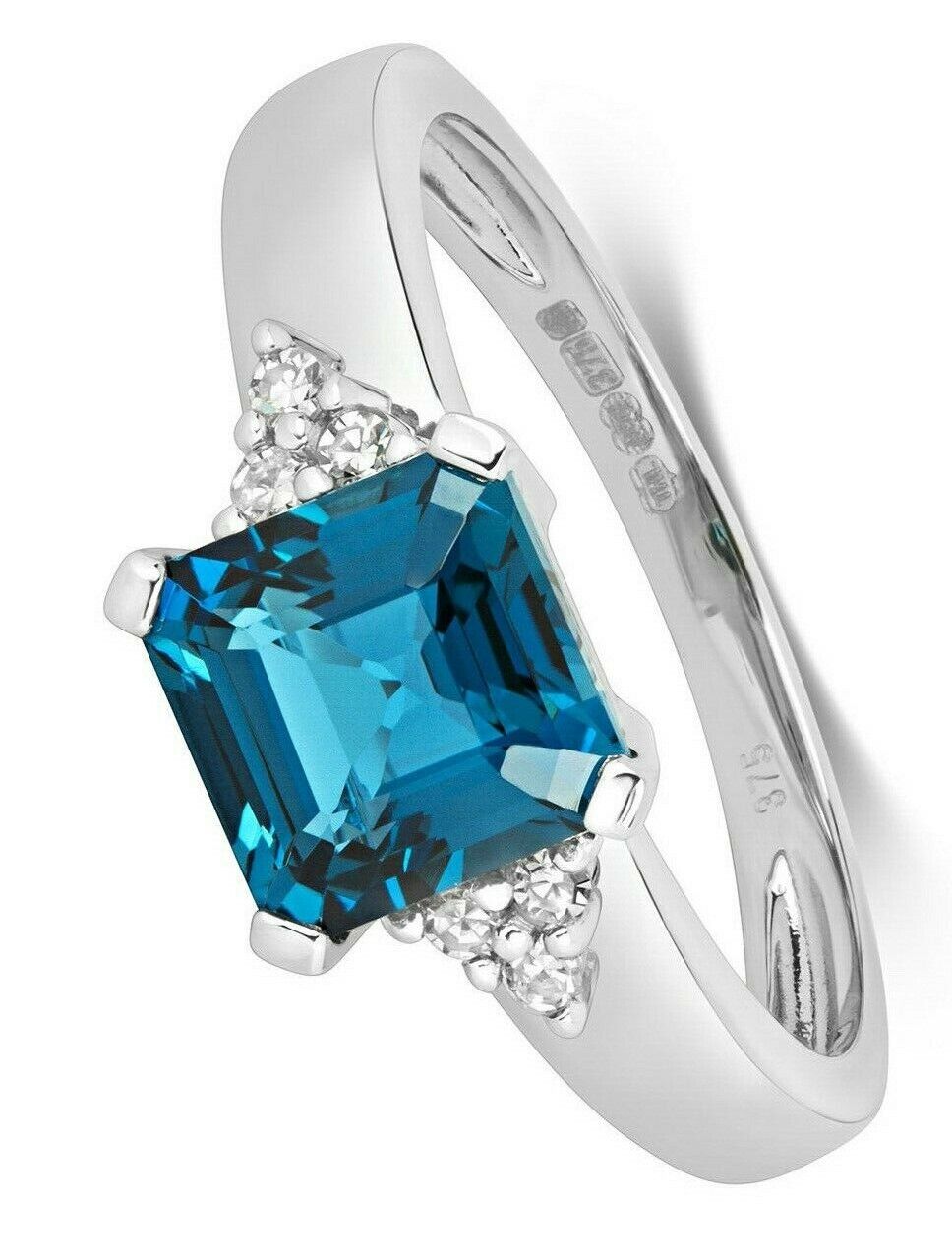 Real London Blue Topaz and Diamond Ring Solid White Gold Square Cut Solitaire