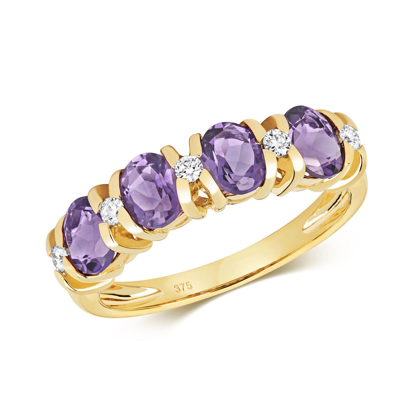 Real Amethyst and Diamond Eternity Ring Solid Yellow Gold Band Size J - Q