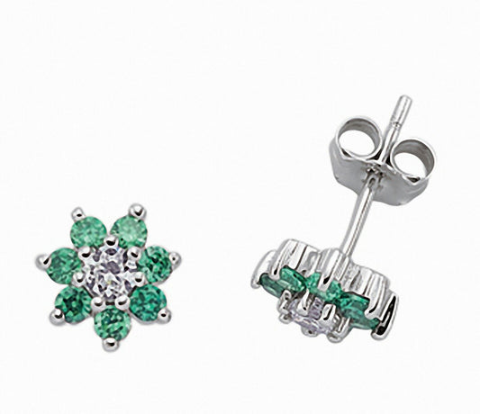 Emerald Cluster Stud Earrings Sterling Silver Rhodium Plate 925 Hallmark 8mm