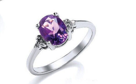 Amethyst and Diamond Ring Solid Sterling Silver Platinum Plated Solitaire