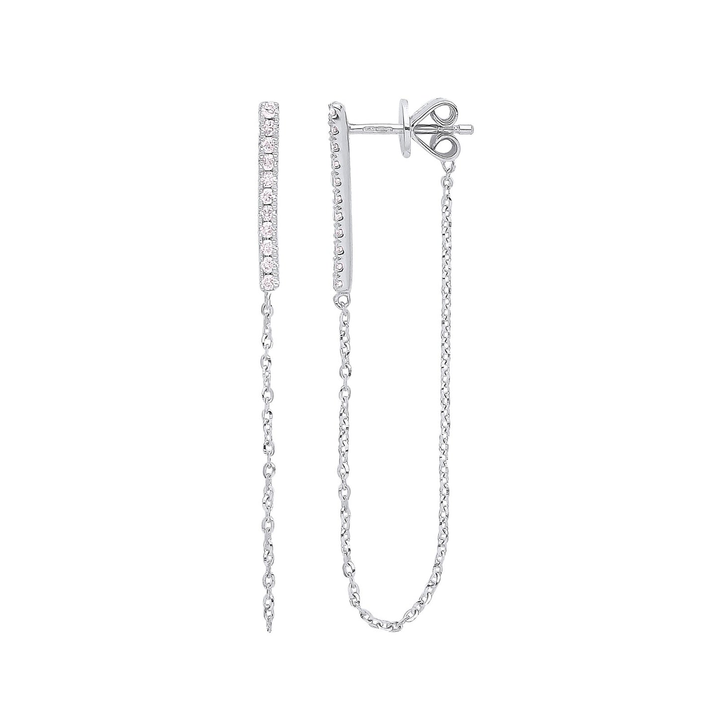 9ct White Gold 0.16ct Diamond Chain Drop Earrings Hallmarked 46mm Drop UK Made