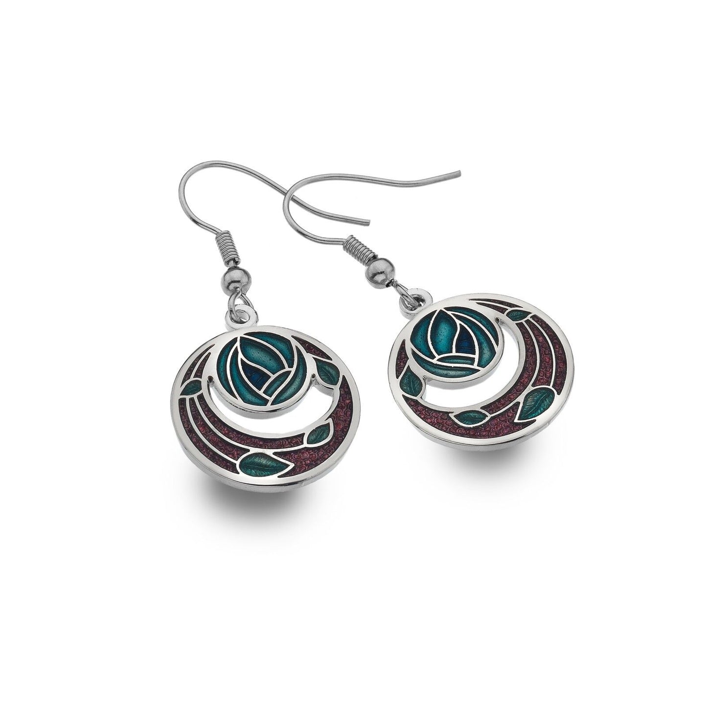 Mackintosh Rose Drop Earrings Coil Leaf Silver Plated Branded Packaging
