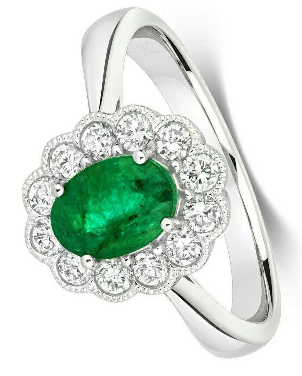 Real Emerald and Diamond Ring 18ct White Gold Oval Flower Cluster