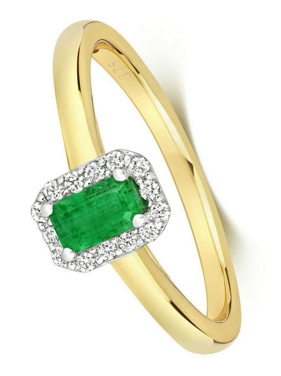 Real Emerald and Diamond Ring 9ct Yellow Gold Octagon Cluster Engagement
