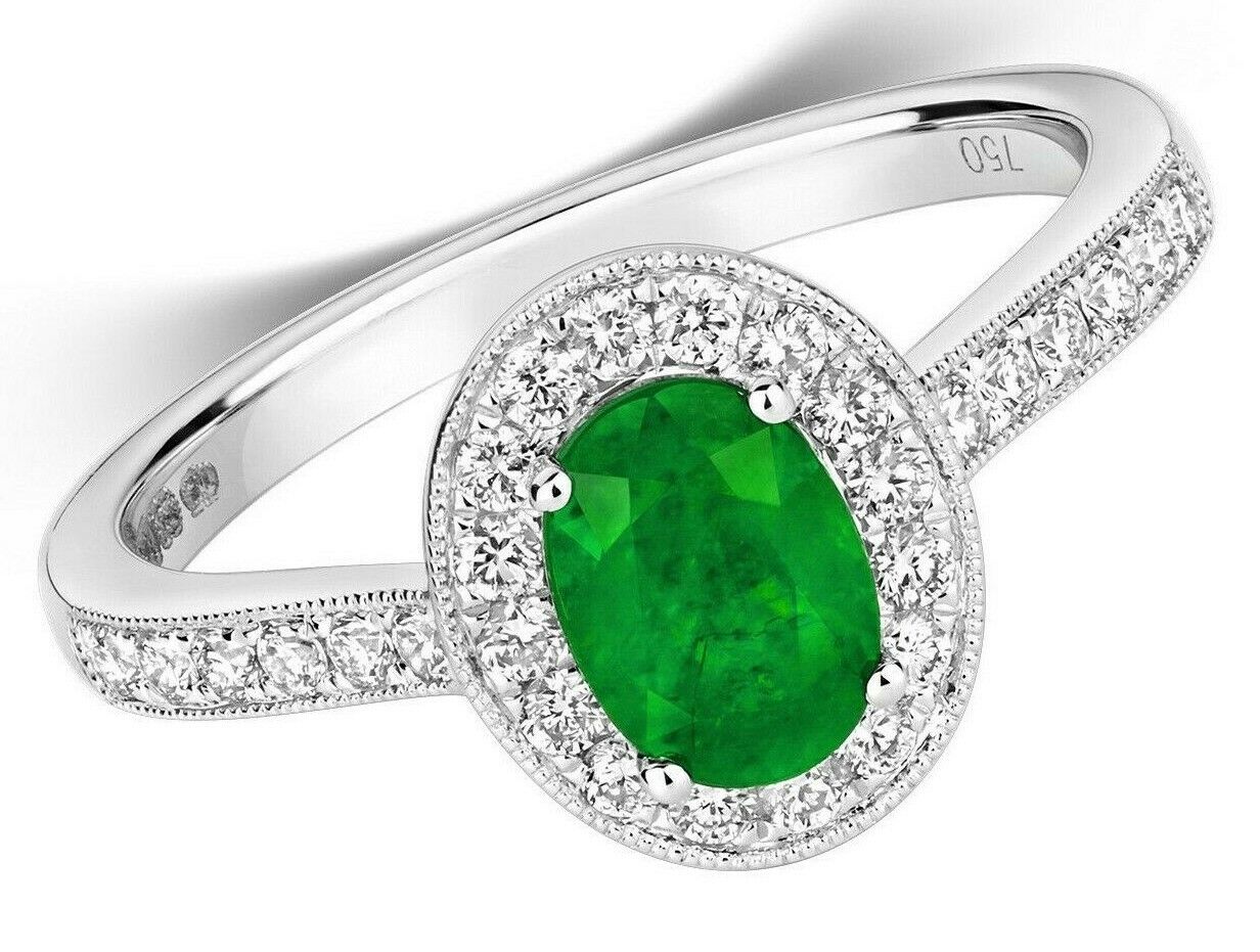 Real Emerald and Diamond Oval Ring 18ct White Gold Halo Cluster