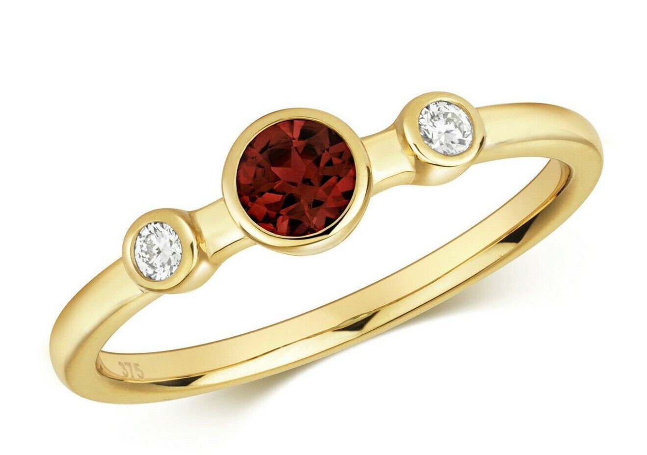 Real Garnet and Diamond Ring Solid Yellow Gold Elegant Three Stone Ring Size J-Q