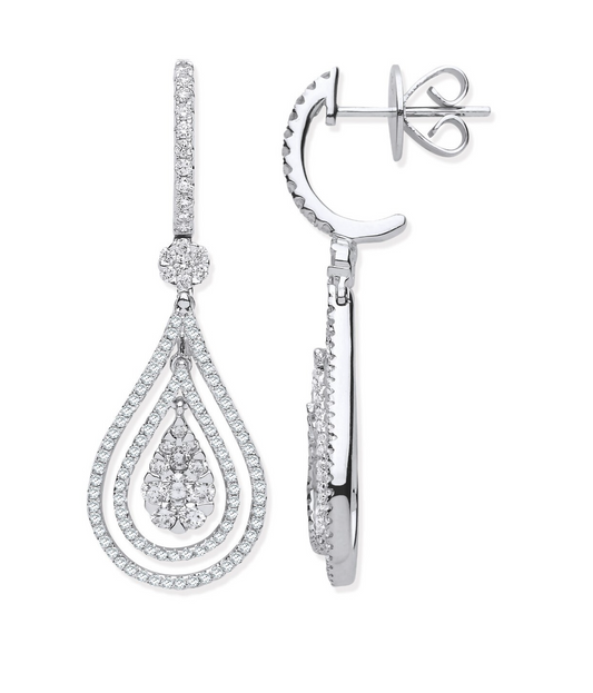 18ct White Gold 1.17ct Diamond Pear Shaped Drop Earrings 38 x 13mm Hallmarked
