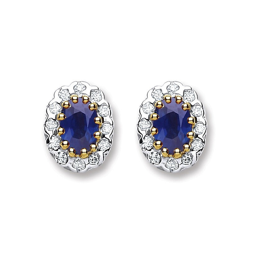9ct Yellow Gold Sapphire and 0.20ct Diamond Oval Stud Earrings 10 x 7.6mm