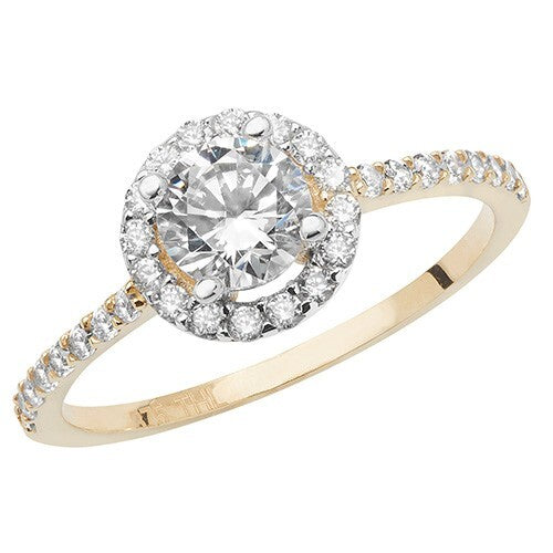 Ladies Round Halo Ring Shoulder Gemstones 9ct Yellow Gold Size J-S Hallmarked