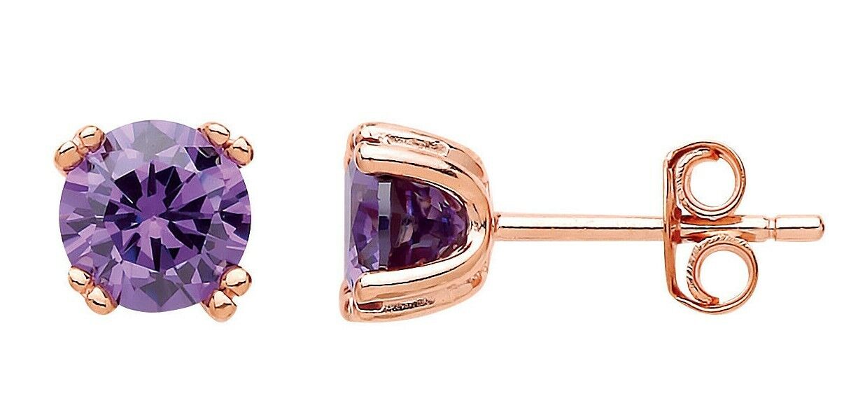 Amethyst Stud Earrings Solid Sterling Silver Rose Gold Plate 925 Hallmark
