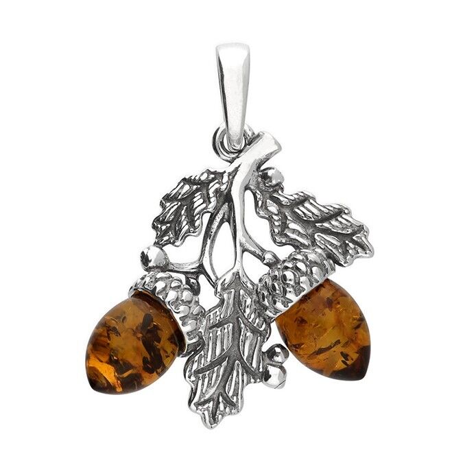 Cognac Baltic Amber Double Acorn Pendant Necklace Solid 925 Sterling Silver