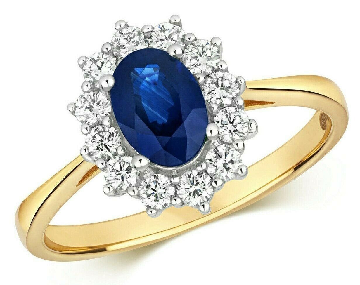Real Sapphire and Diamond Ring 18ct Yellow Gold Oval Cluster Size J - Q