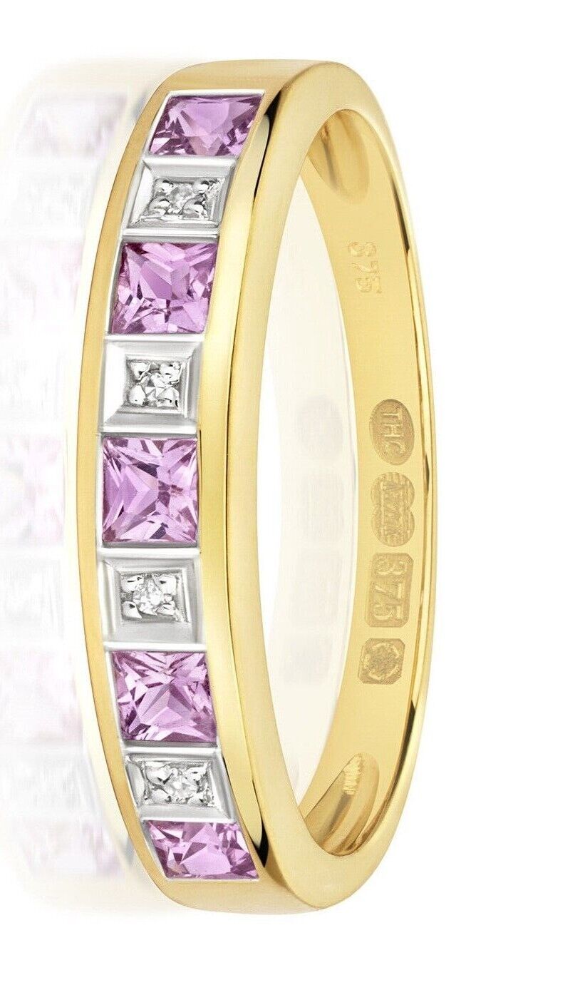 Real Pink Sapphire and Diamond Eternity Ring Solid Yellow Gold Band Size J-Q