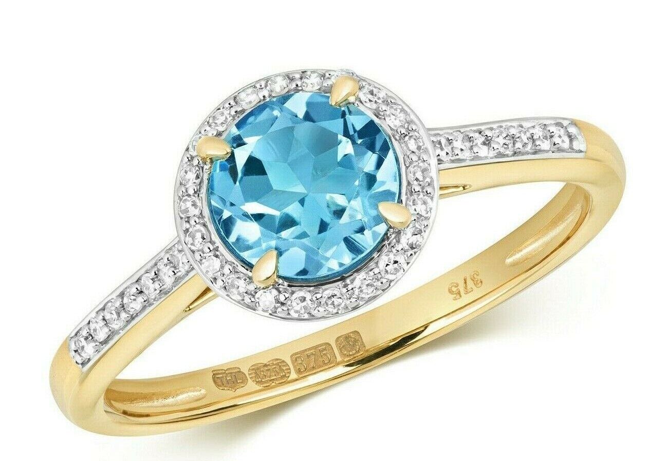 Real Swiss Blue Topaz and Diamond Ring Yellow Gold Engagement Size J - Q