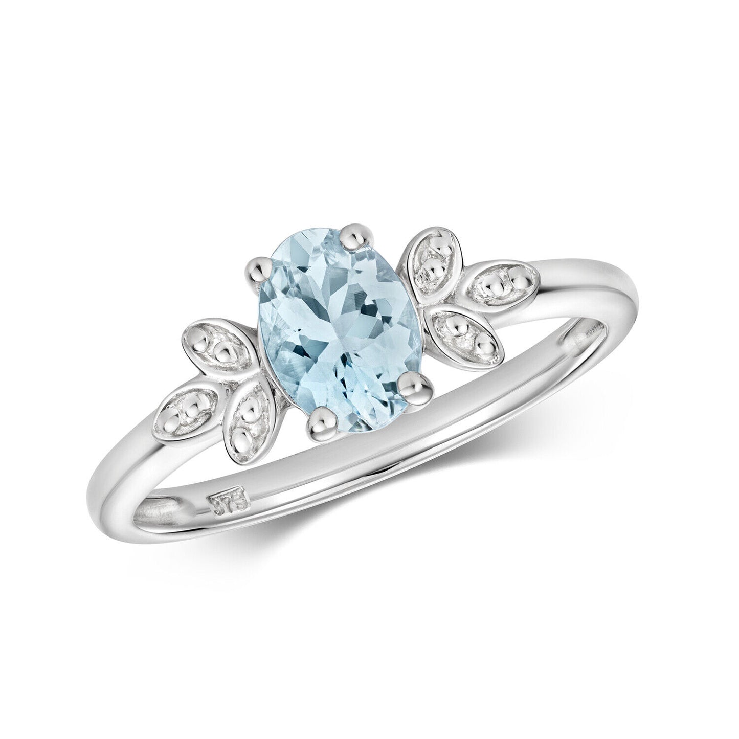 Aquamarine and Diamond Ring Leaf Design Shoulders 9ct White Gold Size J - Q