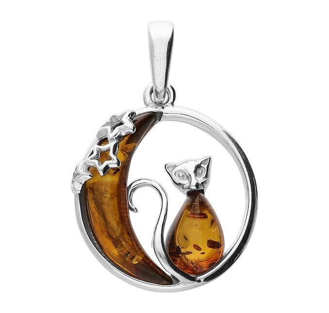 Cognac Amber Cat Moon and Star Pendant and Earrings Solid Sterling Silver 925