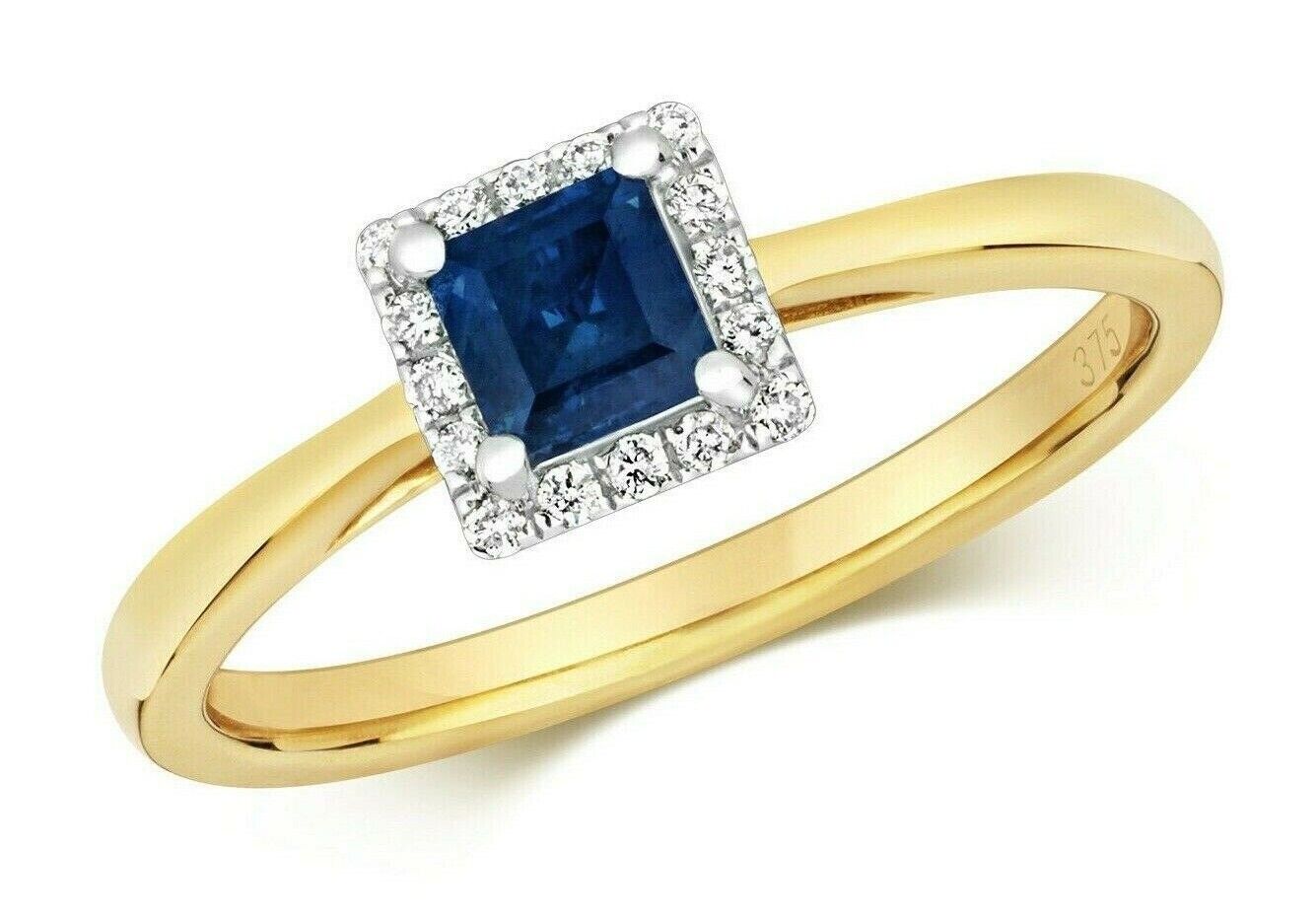 Real Sapphire and Diamond Ring 9ct Yellow Gold Square Cluster Size J - Q