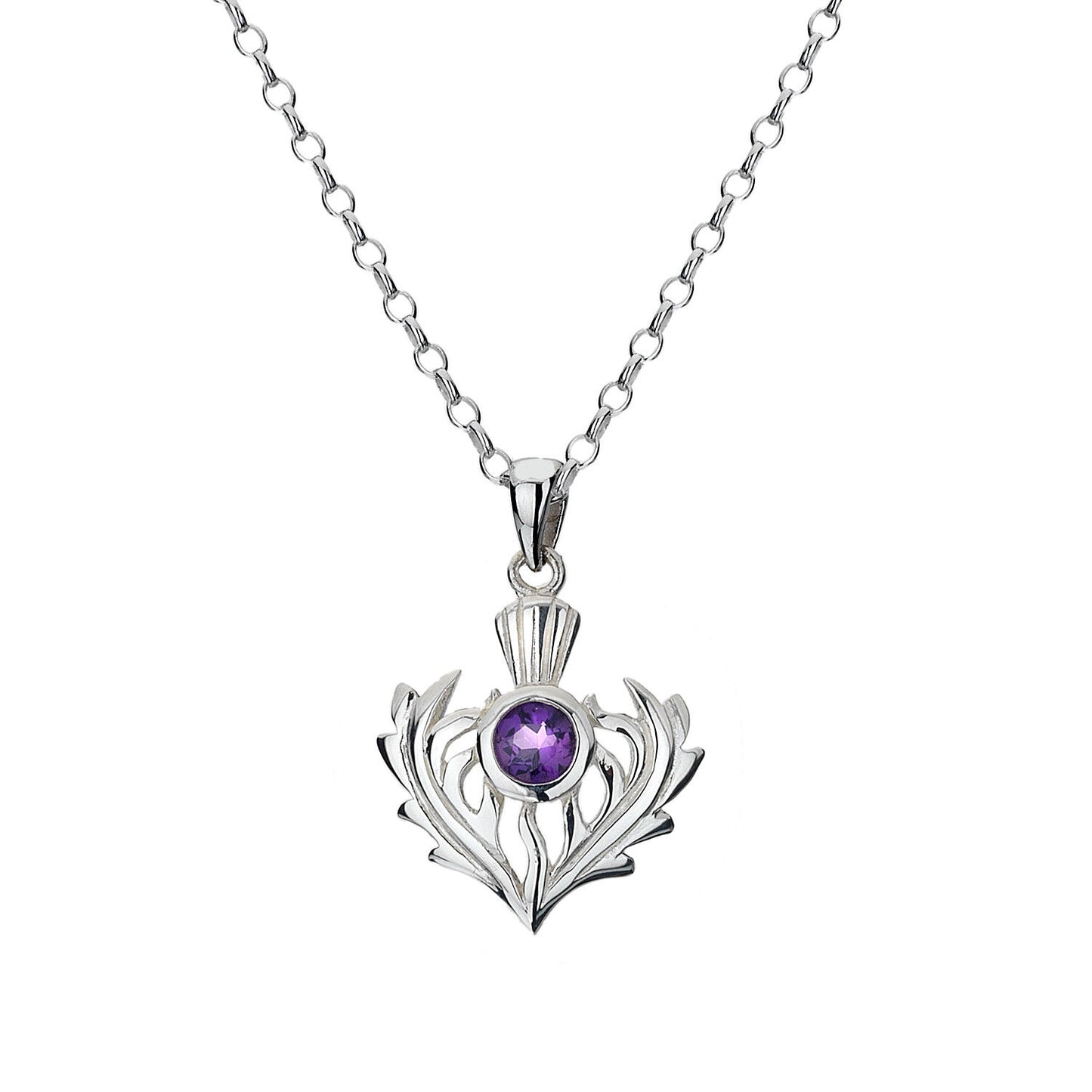 Scottish Thistle Amethyst Pendant Sterling Silver 925 Hallmark All Chain Lengths