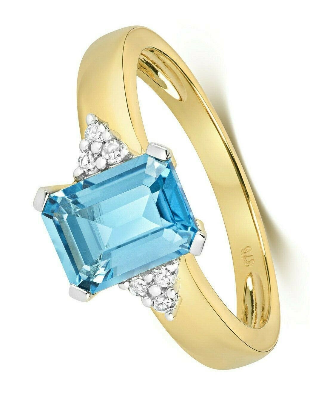 Real Blue Topaz and Diamond Ring Solid Yellow Gold Oblong Cut Solitaire Size J-Q