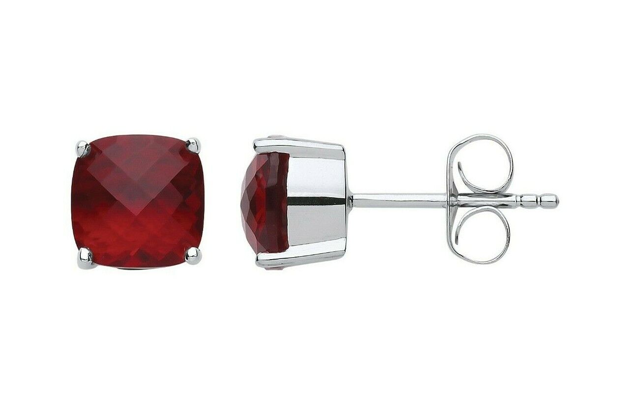 Ruby Cushion Solitaire Earrings Sterling Silver Rhodium Plated 925 Hallmark 8mm