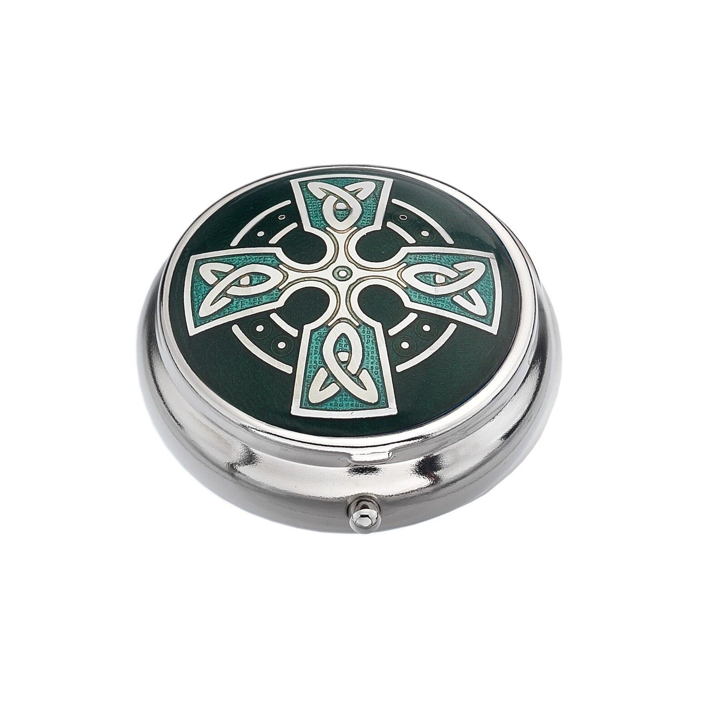 Pillbox Silver Plated Cross Head Celtic Green Brand New and Boxed
