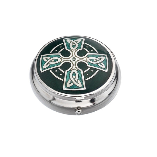 Pillbox Silver Plated Cross Head Celtic Green Brand New and Boxed