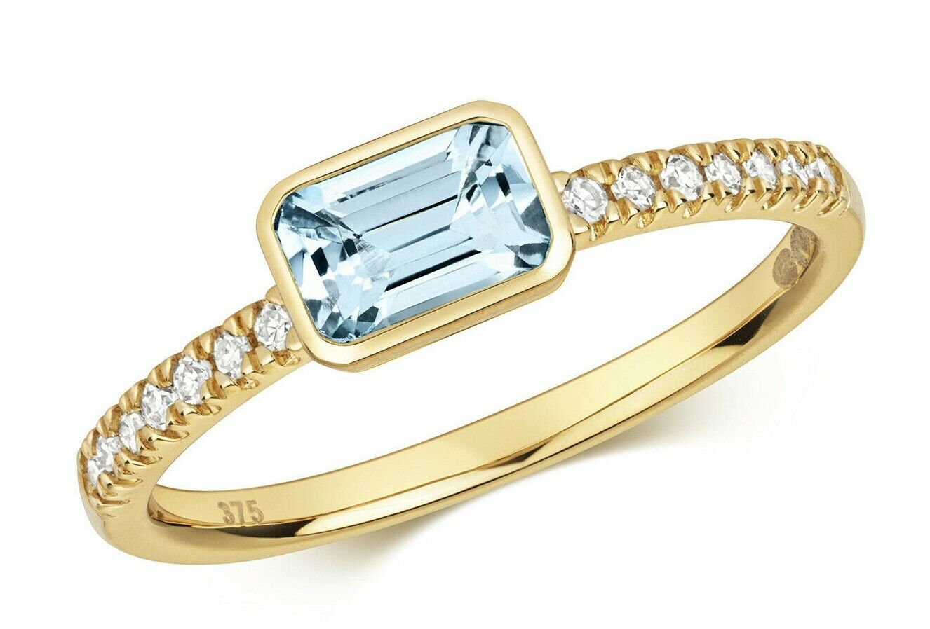 Real Aquamarine and Diamond Ring Solid Yellow Gold Emerald Cut Size J - Q