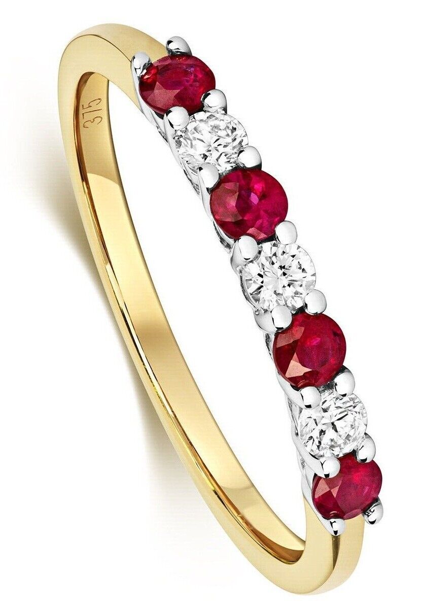 Real Ruby and Diamond Eternity Ring Solid Yellow Gold Slim Anniversary Band