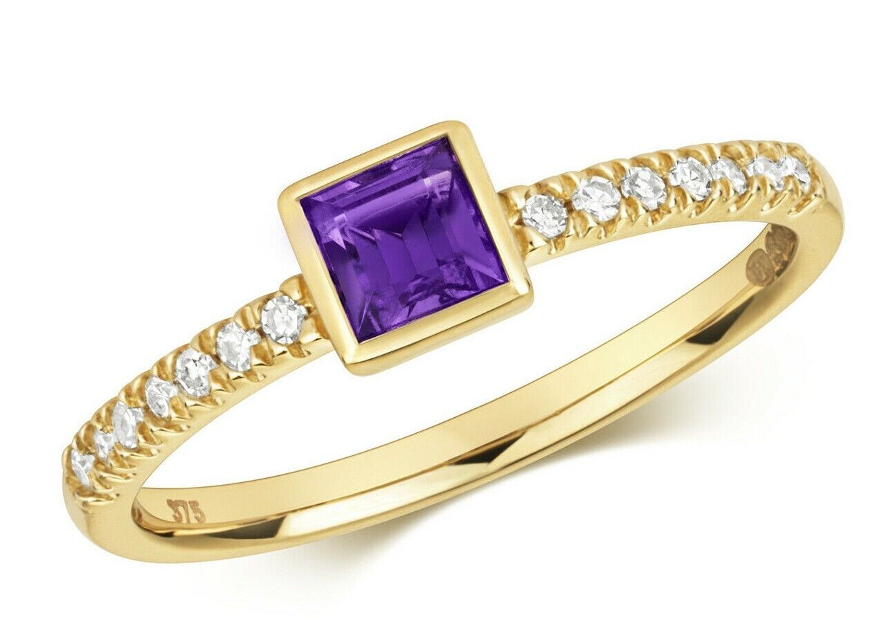 9ct Yellow Gold Amethyst and Diamond Ring Square Solitaire Engagement Size J - Q