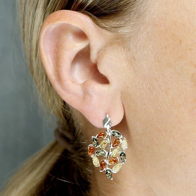 Mixed Amber Leaf Pendant and Earrings Set Solid Sterling Silver 925