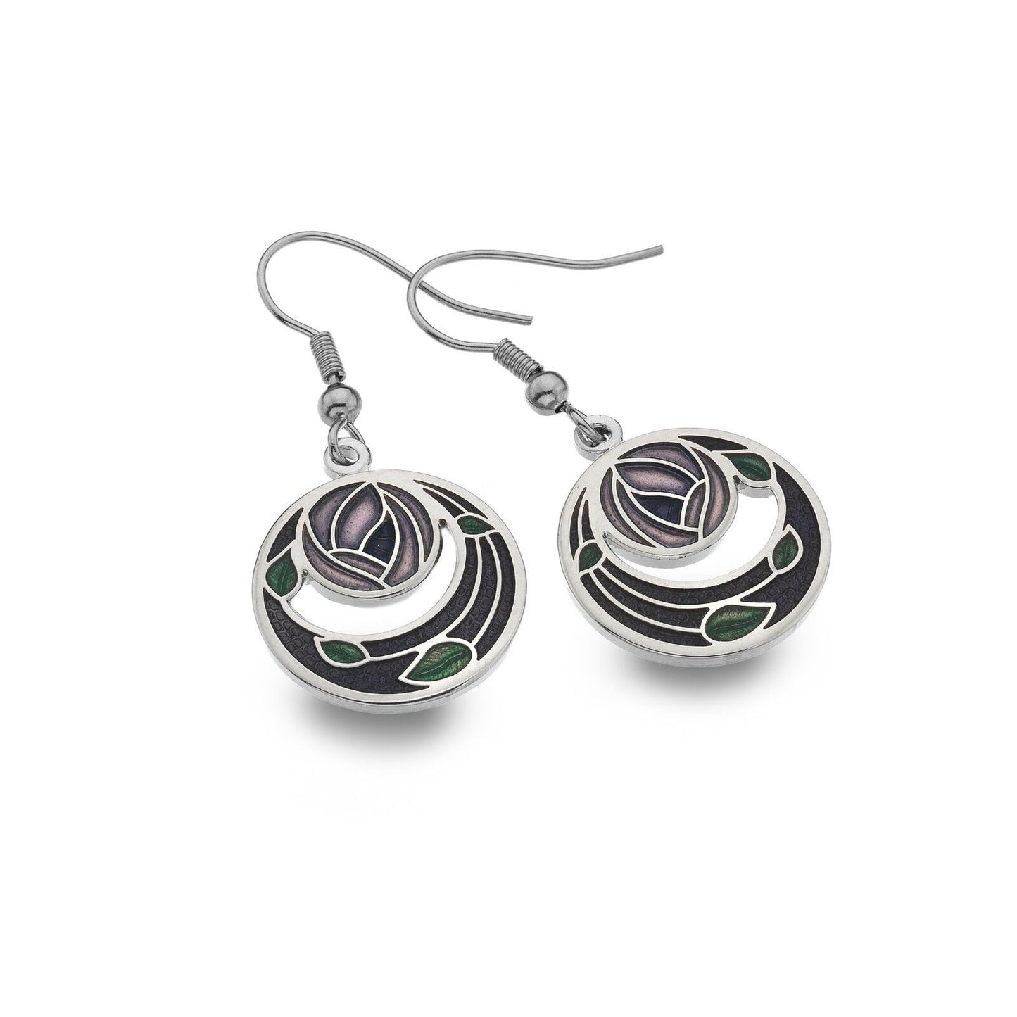 Mackintosh Rose Drop Earrings Coil Leaf Silver Plated Branded Packaging