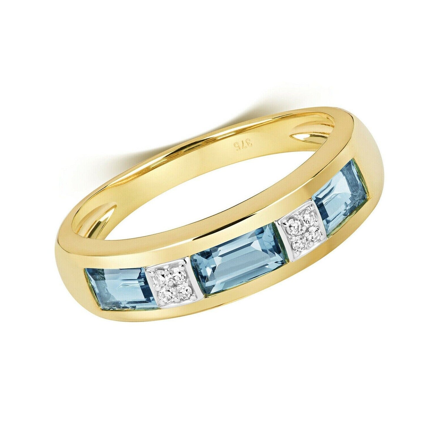 Real Blue Topaz and Diamond Eternity Ring Solid Yellow Gold Emerald Cut Band
