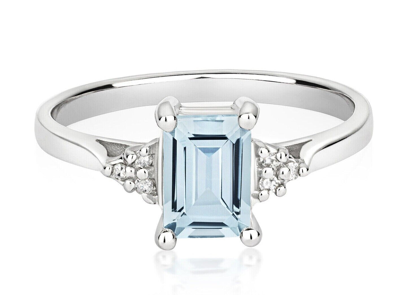 Real Aquamarine and Diamond Ring Solid White Gold Emerald Cut Solitaire