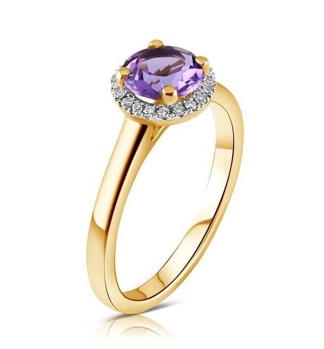 Real Amethyst and Diamond Ring Solid Yellow Gold Round Halo Engagement Size K-Q