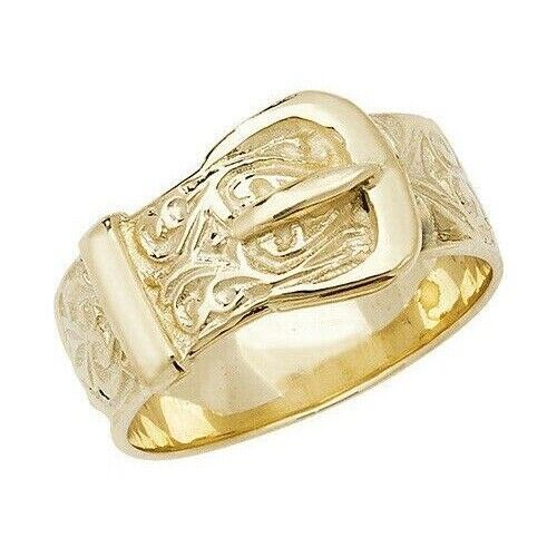 9ct yellow Gold Gents Engraved Buckle Ring Hallmarked