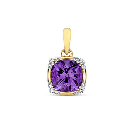 Amethyst and Diamond Cushion Pendant 9ct Yellow Gold Necklace Real Stones
