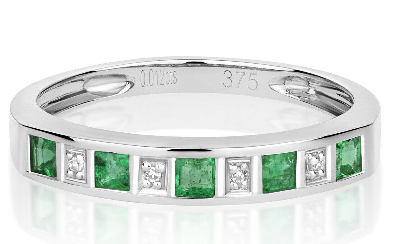 Real Emerald and Diamond Eternity Ring Solid White Gold Square Anniversary Band