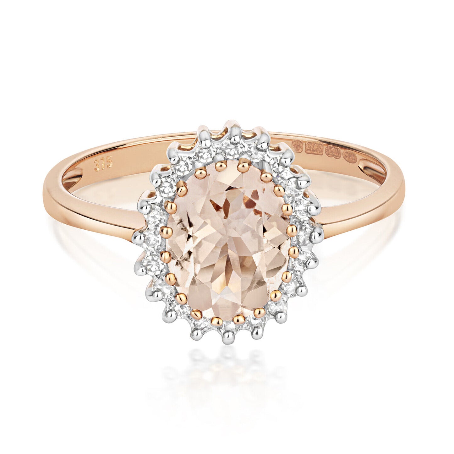 Real Morganite and Diamond Ring Solid Rose Gold Oval Gemstone Cluster Size J-Q